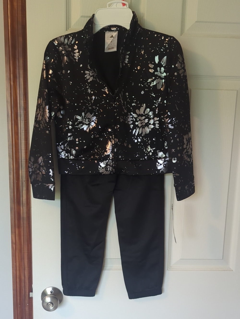 adidas Girls Black Metallic Floral Track Jacket and Pants Set
